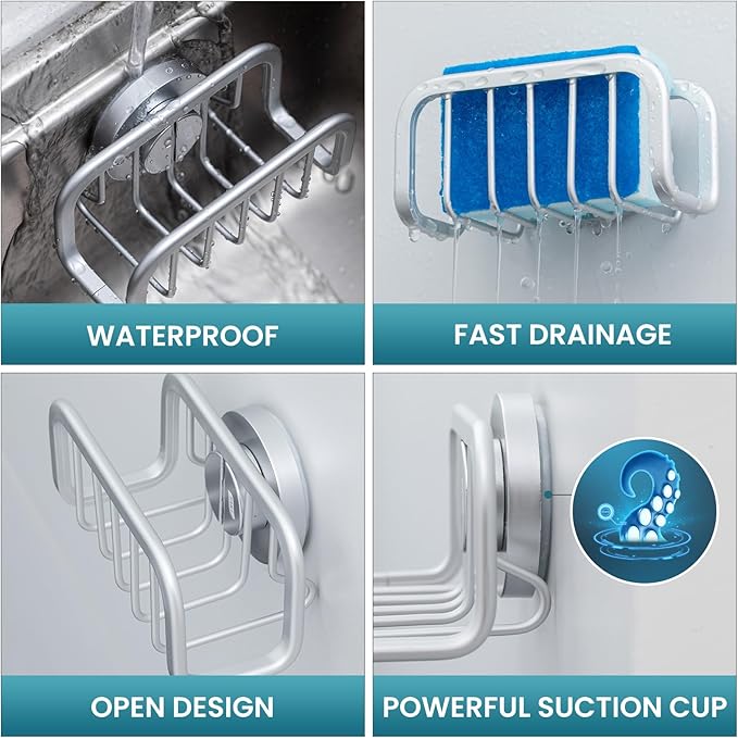 TAILI Sponge Holder for Kitchen Sink with Strong Suction Cup, Rustproof Aluminum Sink Caddy for Sponges, Removable Sponge Holder, Dish Brush for Scraper - Silver