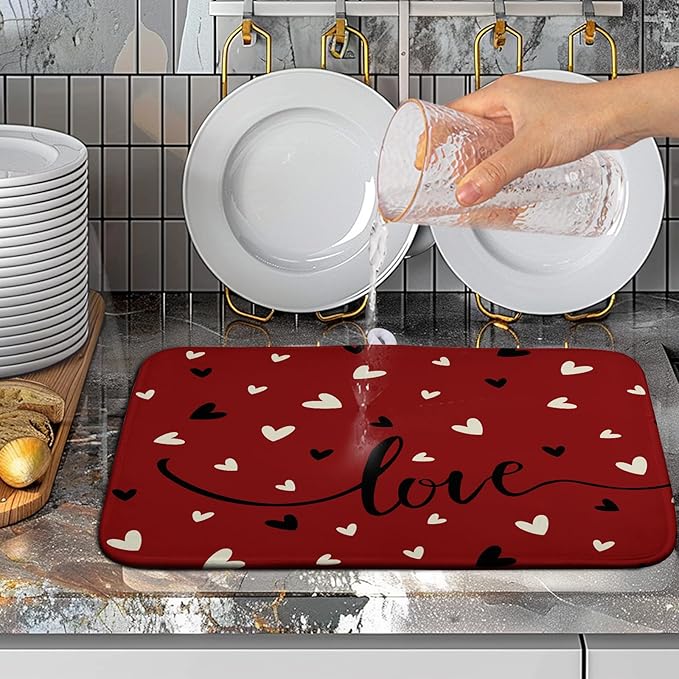 Wnoesat Valentine Dish Drying Mat for Kitchen Counter Valentines Day Red Black Love Heart Holiday Drying Mats Absorbent Microfiber Dish Draining Mat Medium Dish Rack Pad 16x18 Inch