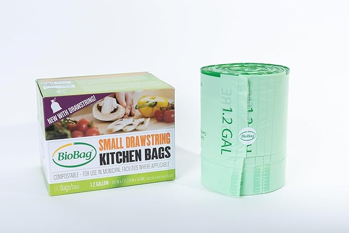1.2 Gallon Compostable Drawstring Food Scrap Bags by BioBag, 80 Count, BPI Certified, Meets ASTM D6400 Standards, Made in USA, Kitchen Counter Bin Liners