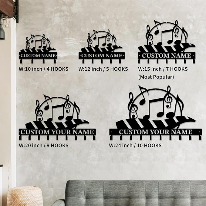Personalized Custom Music Wall Hooks,Metal Music Room Art Clothes Hooks,Metal Music Wall Home Storage Decorative,For Front Door, Hallway, Kitchen, Bedroom,Keys,Hats (Style M)