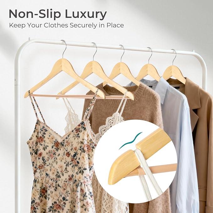 HOUSE DAY Premium Wooden Coat Hangers 10 Pack, Heavy Duty Solid Wood Clothes Hangers with 360° Swivel Hook & Pant Bar for Jackets, Dress, Shirts, Natural Wood Suit Hanger for Closet Organizer