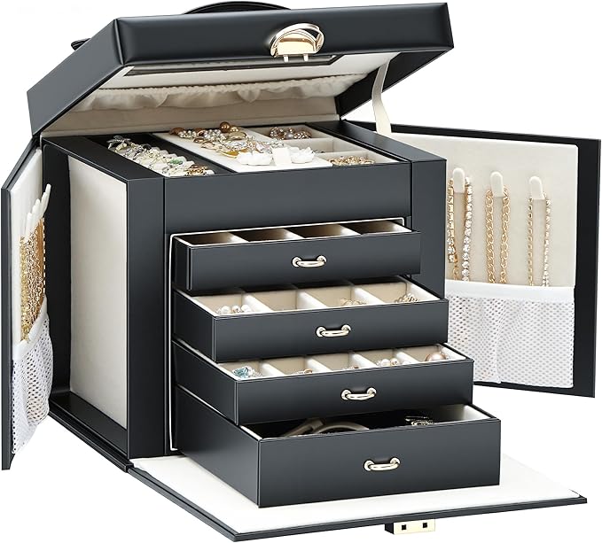 EnHomee Jewelry Box for Women, 5-Layer Large Jewelry Organizer with Mirror & 4 Drawers for Rings, Earrings, Necklaces, Bracelet Lockable Case with Lock (Black + Gold)