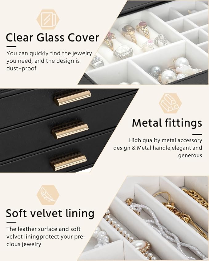 AKOZLIN Jewelry Box with Clear Lid Functional Leather Jewelry Storage Organizer Case 3 Drawers for Women Girls Necklace Ring Bracelet Earring