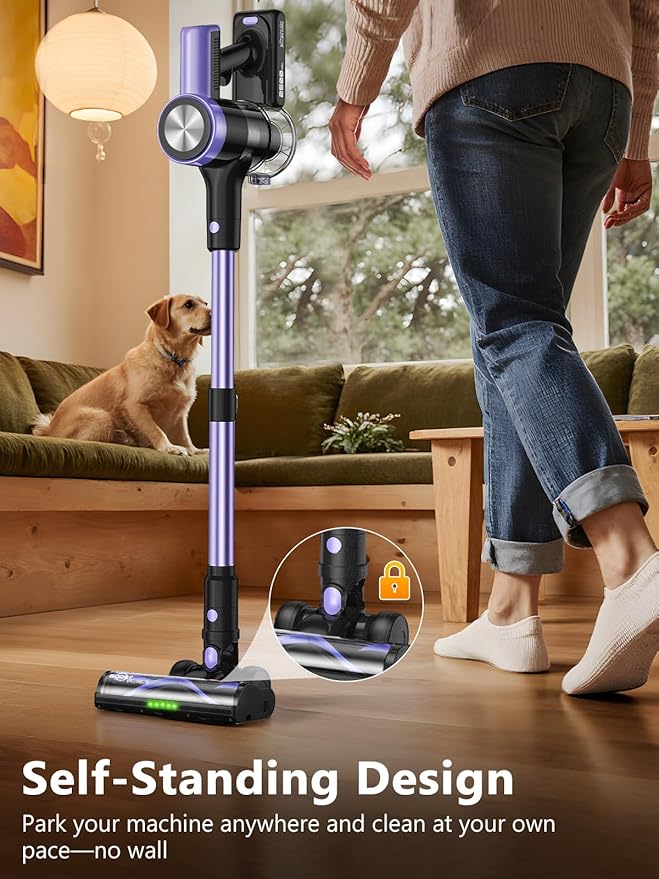 Cordless Vacuum Cleaner, 46KPa/500W Stick Vacuum with 55 Mins Runtime, Self-Standing Vacuum Cleaner for Home, LED Display, Anti-Tangle Brush, Rechargeable Vacuum for Hardwood Floor, Pet Hai (Purple)