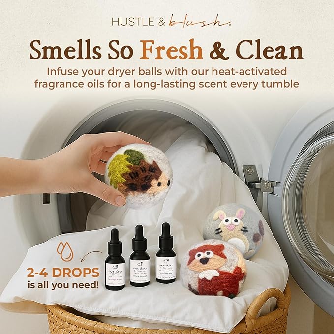 Hustle & Blush Fluff Ewes Wool Dryer Balls 6 Pack - Extra Large Hedgehog and Homies Premium Hand Needled New Zealand Laundry Set, Reduces Drying Time, Static Control, Chemical Free Reusable