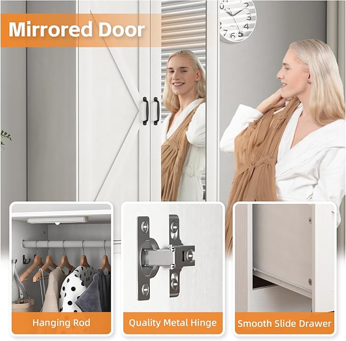 Armoire Wardrobe Closet with Mirror and 2 Drawers, 72'' Bedroom Armoire Wardrobe Cabinet with Hanging Rod and Light,Wooden Bedroom Closet with Adjustable Shelf