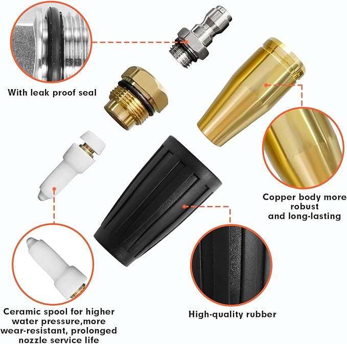 Qimshemi Pressure Washer Tips Rotating Turbo Nozzle, 4000PSI Max Power Washer Accessories Parts, with 7pcs Spray Jet Nozzles Kit Attachment&1/4 IN Quick Connector, for Cleaning Concrete, Brick Surface