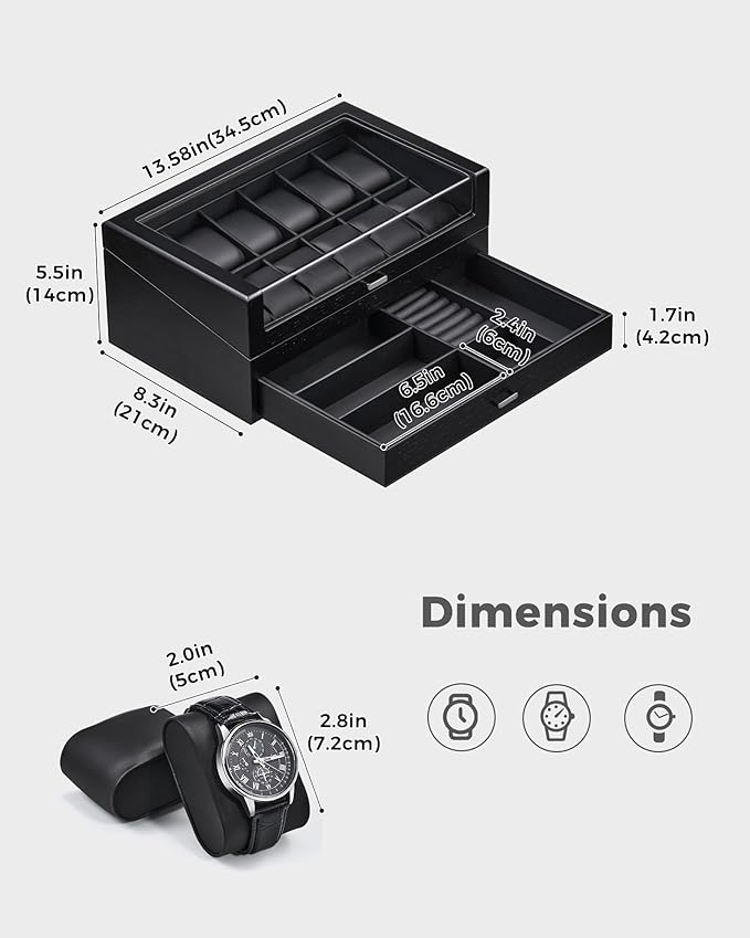ProCase Wooden Watch Box for Men, Wood Watch Display Case Men's Jewelry Organizer Box with Drawer -12 Slot, Black
