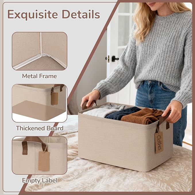 CHICVITA 4 Pack Storage Baskets for Shelves, Foldable Closet Organizer Bins with Handles, Toy Storage Basket for Nursery Living Room, 14.8" x 10.3" x 8.3", Brown