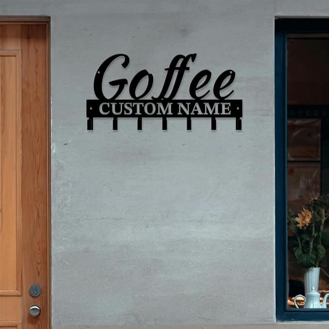 Personalized Custom Name Coffee Bar Wall Keys Hooks,Metal Coffee Shop Art Clothes Hooks,Metal Coffee Lover Wall Home Storage Decorative,For Front Door, Hallway, Kitchen, Bedroom,Keys,Hats (Style H)