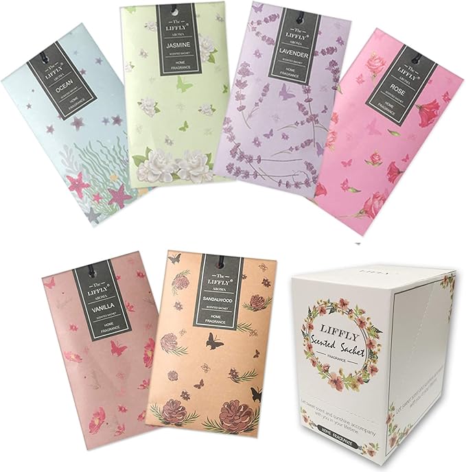 LIFFLY 14 Packs Scented Sachets Bag for Drawers and Closets Long-Lasting Home Fragrance Sachet Lavender Rose Jasmine Ocean Vanilla Sandalwood 6 Different Scent Gift Box