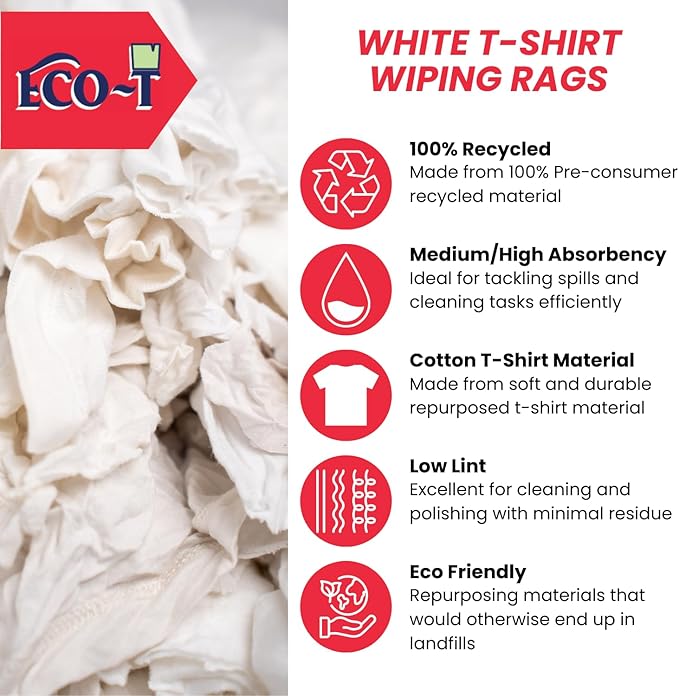 1 Lb Bag Eco-T Paint Rags - White T-Shirt Material, 100% Recycled, Eco-Friendly, High Absorbency, Low Lint, Low-Cost, Painting and Cleaning Cloth