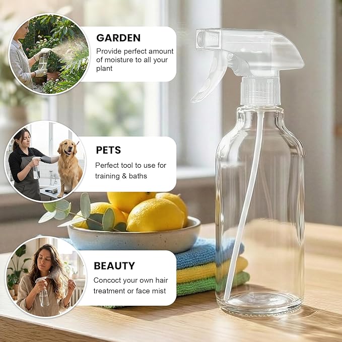 Hethyo Glass Spray Bottles 16.9oz Empty Spray Bottle Mist/Stream Spraying Small Refillable Containers for Hair Care, Cleaning Solutions, Plants, Essential Oils 2 Pack (Clear, 16.9oz)