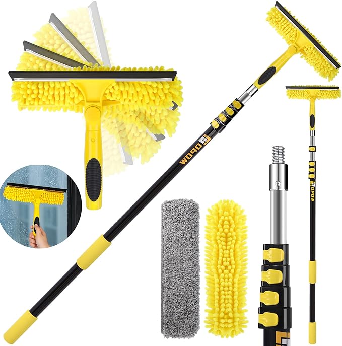 225'' Long Reach Window Squeegee with Telescoping Extension Pole, 2-in-1 Indoor/Outdoor Cleaning Tool with 270° Rotatable Head, Lightweight Alloy Aluminum Pole for Shower Door, Mirror, Car Windshield