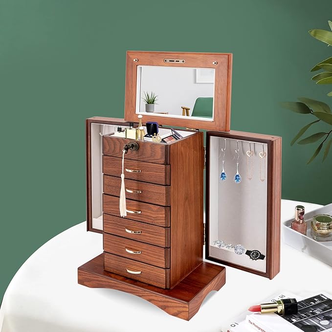 7 Layers +2 Swing-Out Jewelry Box,Jewelry Cabinet Organizer,Watch Storage Boxes,Rings Necklaces Organizer with Side Doors,6 Pull-Out Drawer,Mirror,Lock,Walnut (Walnut)