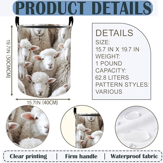 Cute Sheep Laundry Basket Hamper 19.7"x15.8", Farmhouse Foldable Waterproof Oxford Clothes Storage Bucket for Room Bathroom Bedroom Nursery Decor, Toy Organizer Bins Gifts for Kids Boys Girls