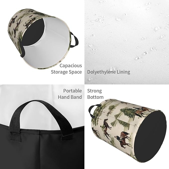 Laundry Hamper with Handles, Horse Riding Pattern, Collapsible Storage Basket, 15.7x19.6 inches (Vintage Equestrian Horse Racing)