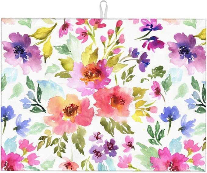 Floral Dish Drying Mats for Kitchen Counter Large Drying Mat for Dishes Microfiber Dish Rack Mat Kitchen Decor Spring Summer Flowers Drainer Pad Washable Ultra Absorbent Dry Mat 18×24 Inch