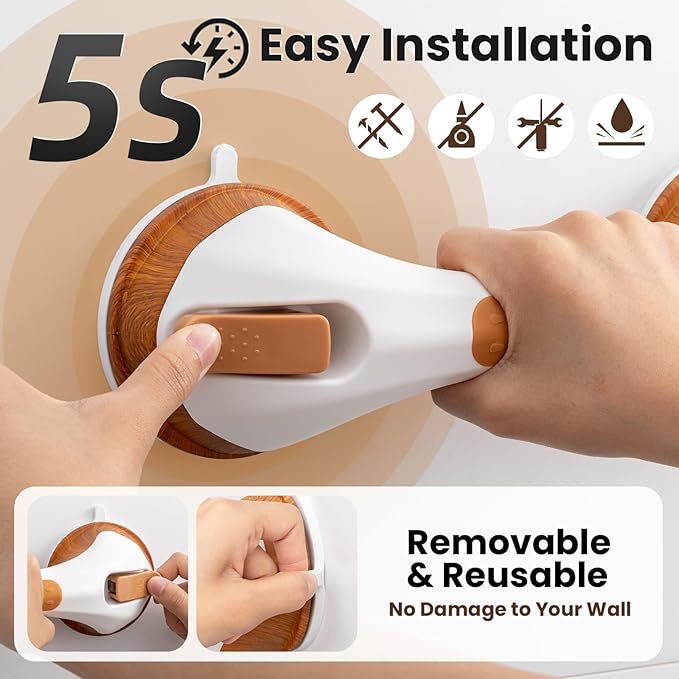 TAILI Shower Grab Bar, 12 Inch Shower Handle for Bathtubs and Elderly, Suction Grab Bars for Seniors Bathroom Safety Handles for Elderly, No Drilling Removable,Wood Grain