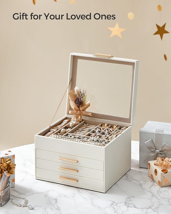 SONGMICS Jewelry Box Organizer with Glass Lid, 4-Layer Jewelry Storage, with 3 Drawers, Modern Style, 8 x 9.1 x 6.5 Inches, Cloud White and Gold Color UJBC173W01