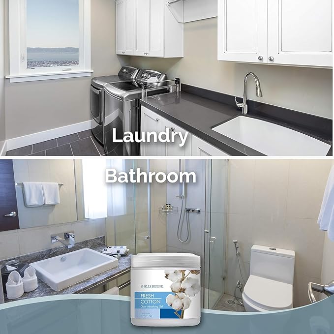 SMELLS BEGONE 15oz Gel Odor Eliminator - Absorb & Remove Tough Odors in Pet Areas, Bathrooms, Basements, Garage, Cars, RVs & Boats - Eliminate Odors Quickly (6-Pack, Fresh Cotton)