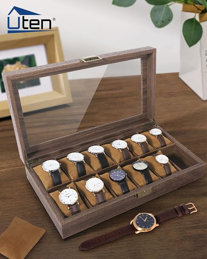 Uten Watch Box 12 Slots, Watch Case Organizer with Real Glass Lid, Wood Grain PU Leather Watch Display Storage Box with Removable Imitation Suede Watch Pillows, Metal Clasp
