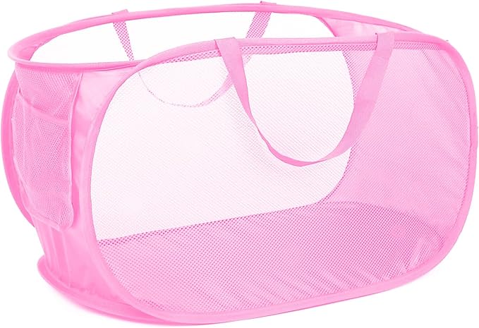 Durable Collapsible Laundry Baskets, Mesh Pop Up Laundry Hamper with Side Pocket, Foldable Clothes Storage Hamper with Reinforced Carry Handles for Laundry, Bathroom, Kids Room, Dorm or Travel Pink