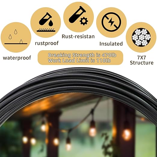 MSLANE 1/16" Black Wire Rope Kit 300FT 304 Stainless Steel Vinyl Coated with M5 Turnbuckles, 7x7 Strand Core Aircraft Cable for String Light, Picture Hanging, Clothesline, Curtain, and Plant Trellis