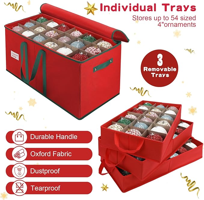 Christmas Ornament Storage Box, Stores Up to 54-4" Ornaments, 3 Individual Trays, Adjustable Dividers, 600D Oxford Fabric, Large Organizer Bin to Protect and Store Holiday Décor