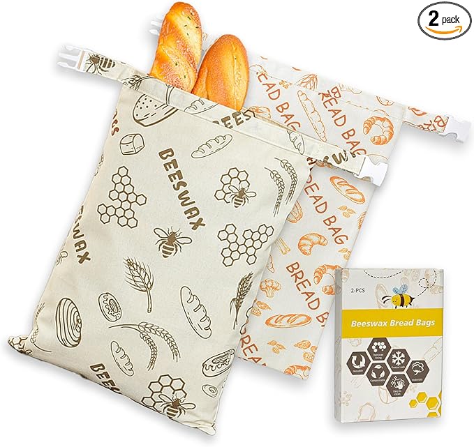 2-PACK Beeswax Bread Bag - Reusable Food Wrapor Homemade Sourdough Loaf,to Keep Fresh Fridge-Safe Beeswax Perfect for Cheese, Fruits Washable & Sustainable Alternative to Plastic