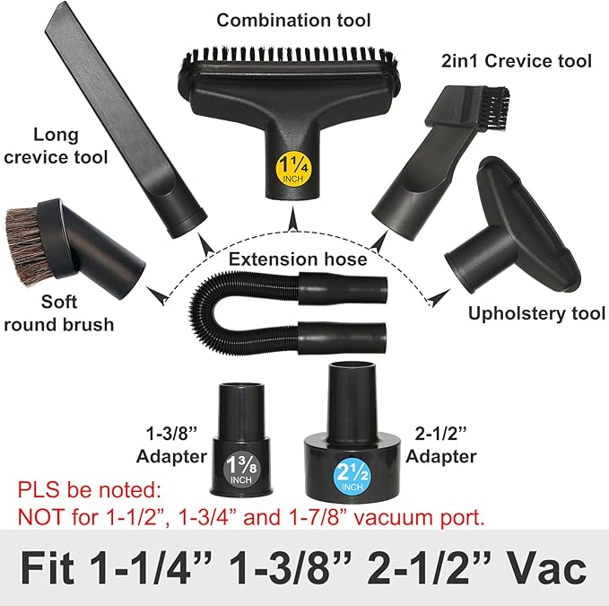Kodahome Shop Vac Vacuum Attachments with Extension Hose Dusting Brush Crevice Tool Nozzle Multi-Tools for 1-1/4" 1-3/8" 2-1/2" Shopvac Wet Dry Vacuum Cleaner (Car Detailing Kit Interior A)