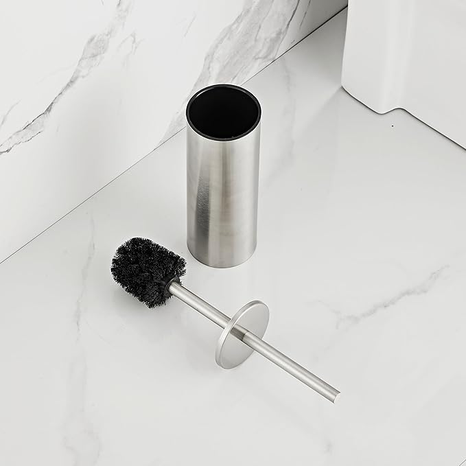 Brushed Nickel Toilet Brush and Holder Set - Stainless Steel Toilet Bowl Scrubber with Replaceable Head & Splash Guard