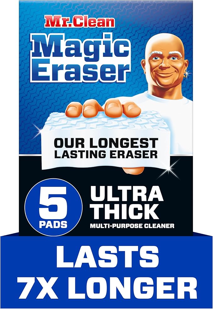 Mr. Clean Magic Eraser Sponge, All Purpose Cleaner, Long Lasting Cleaning Scrubber, Wall Cleaner, Sneaker Cleaner, Oven Cleaner, Kitchen, Bathroom, Shower Cleaning Supplies, Ultra Thick, 5ct