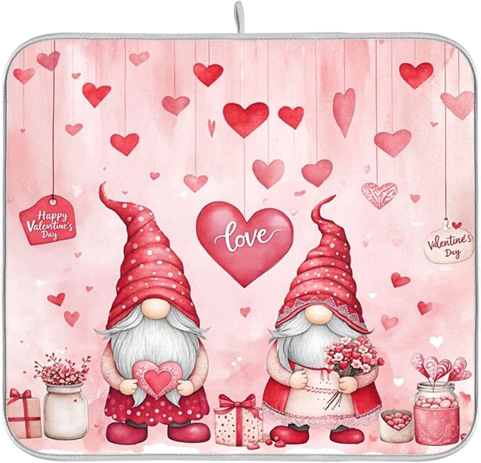 Valentine’s Day Gnomes Dish Drying Mat for Kitchen Countertop 18x24 Pink Love Heart Pink Large Drying Mat Reusable Quick Dry Dish Sink Mats Easy Clean Decorative Essentials