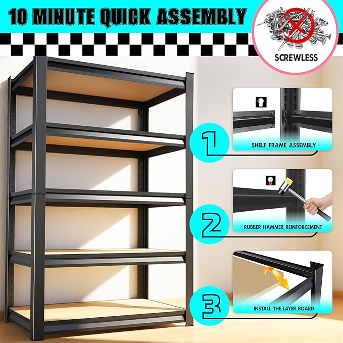 PKDYEZ Garage Shelving 5-Tier Adjustable Metal Garage Shelves Heavy Duty Unit,3000 LBS Steel Shelf Storage Rack Suitable for Industries,Warehouses,Basement,Black(Wood-72'H x 45.7''W x 19.7''D)