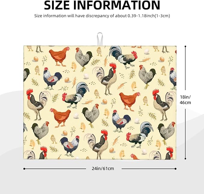 Chicken Dish Drying Mat for Kitchen Counter Cute Kitchen Mat Microfiber Kitchen Countertop Absorbent Reversible Drainer Rack Pad Dish Drying Mat 18 x 24 Inch