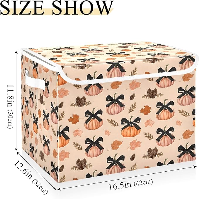 Bolaz Storage Bins with Lids and Handles,Pumpkin Black Bows Leave Pattern Storage Box Basket with Cover Collapsible Organizer Containers for Home Closet, Shelves
