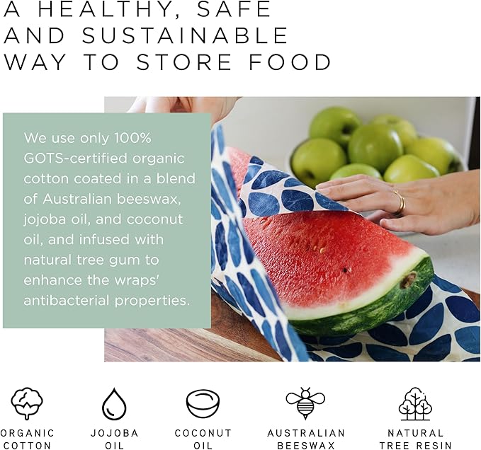 Honeybee Beeswax Wraps - Kitchen Starter Pack with Wax Replenish Block - Certified Organic Cotton Beeswax Wrap - Reusable Beeswax Food Wrap - 3 Pack - Small, Medium & Large