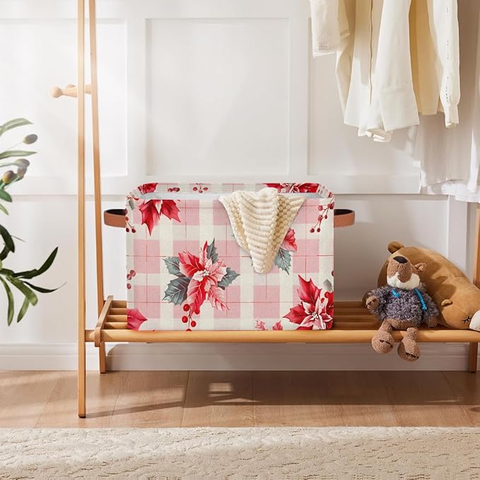 Storage Baskets Bin, Christmas Winter Poinsettia Collapsible Canvas Fabric Storage Bin Decorative Baskets Toy Organizer Rectangle Storage Boxes with Handles for Home Shelves Nursery, J-003