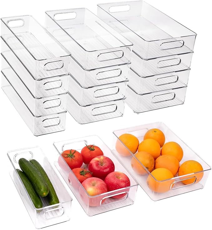 ZHOHO TANT 12 Pack Refrigerator Organizer Bins, 3 Sizes Stackable Clear Pantry Storage with Handles for Fridge, Freezer, Shelves, Drawer, Snack Organizer for Home & Kitchen