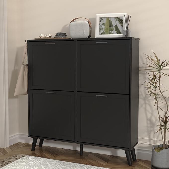 Black Large Shoe Cabinet fit up to Shoe Size 16, Freestanding Shoe Organizer with 4 Flip Drawers, Narrow Wooden Shoe Rack for Entryway, Closet, Living Room