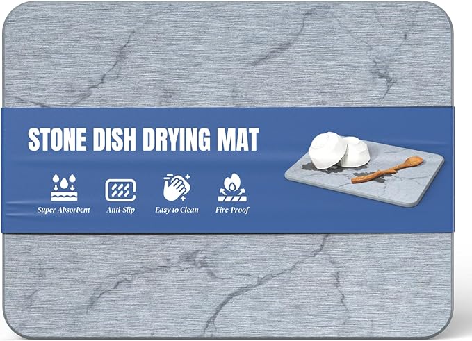CREOMG Quick Dry Stone Drying Mat for Kitchen Counter, Water-Absorbent Diatomaceous Dish Drying Mats, Multi-Purpose Stone Drying Tray for Cups Dishes Bottles, Light Gray-Marble, 15.7" x 11.8"