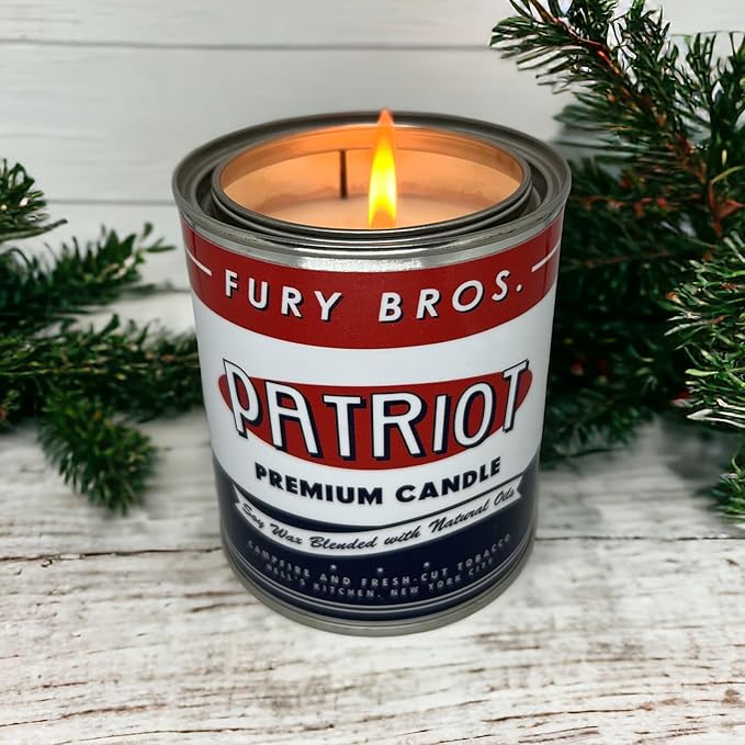 Fury Bros. Scented Candles for Men | Patriot | Campfire & Fresh-Cut Tobacco | Natural Soy Wax | Hand-Poured in The USA | Long 70-80 Hour Burn (12.5 oz) | Vintage-Inspired Tin Design | Dad Home Gift