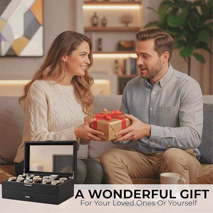 12-Slot Watch Box in PU Leather with Valet Drawer, 2-Tier Luxury Watch Case Display Organizer for Men Women, Sunglass Holder & Mens Jewelry Box With Glass Top, Ideal Gift for Watch Storage (Carbon)
