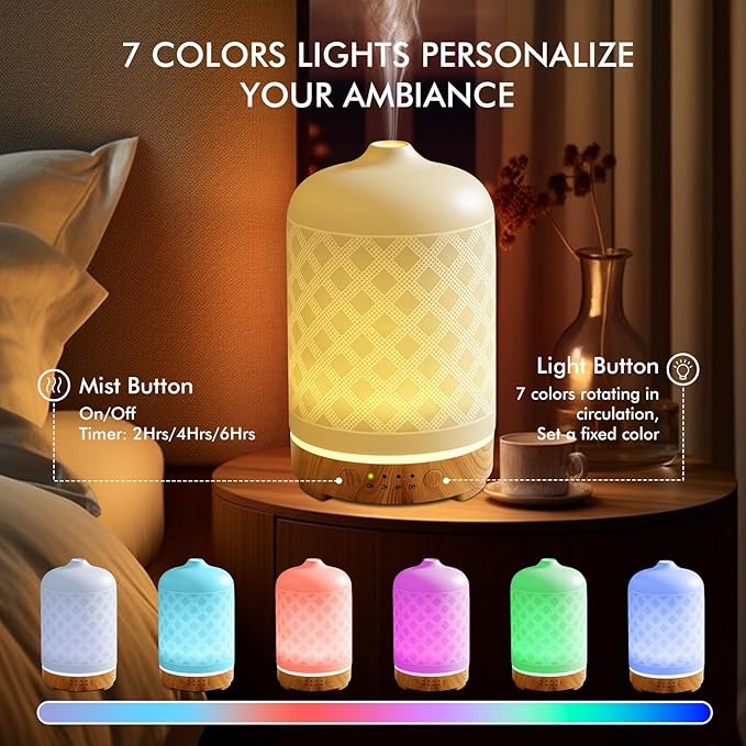 Essential Oil Diffuser 200ml-Ultrasonic Aroma Diffuser with 4 Timers, Aromatherapy Diffuser 7 Color LED Lights with Auto Shut-Off Protection for Home Office Yoga Gift (Ceramic White)