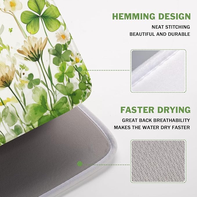 ABSOP St Patrick's Day Dish Drying Mat 16 x 18 Inch Green Clover Dish Drainer Rack Mat Absorbent Microfiber Mats for Shamrock Dish Pad Spring Lucky Dish Pad for Kitchen Bar Decor