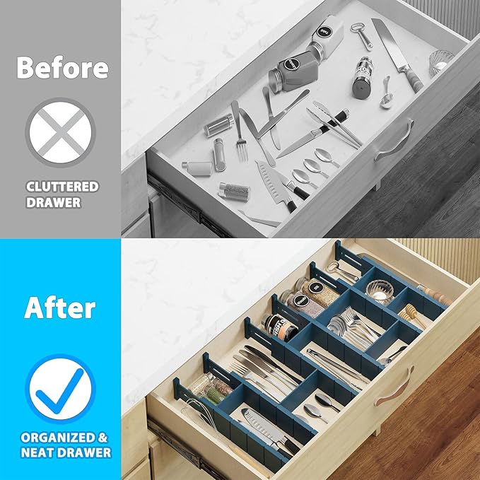 GZOOGHOME 6 Pack Bamboo Drawer Dividers with 12 Inserts, Expandable Adjustable Clothes Drawer Organizers and Storage from 17" to 22" for Kitchen, Bedroom, Dresser, Cosmetics (Navy Blue)