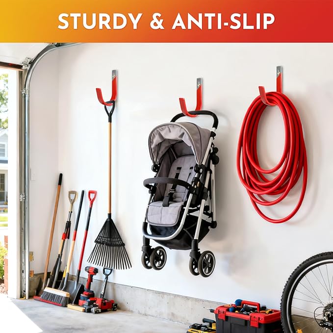 Garage Wall Hooks for Hanging Heavy Duty, 4 Pack Garage Organizer Storage Hooks Wall Mount for Garden Hoses, Brooms, Ladders, Garage Storage