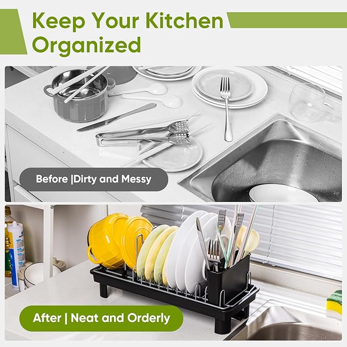 VUSIGN Small Dish Drying Rack with Drain, Compact Dish Rack, Slim Dish Drainers for Kitchen Counter, Extendable Spout Strainers with Removable Utensil Holder, Space Saving, Black