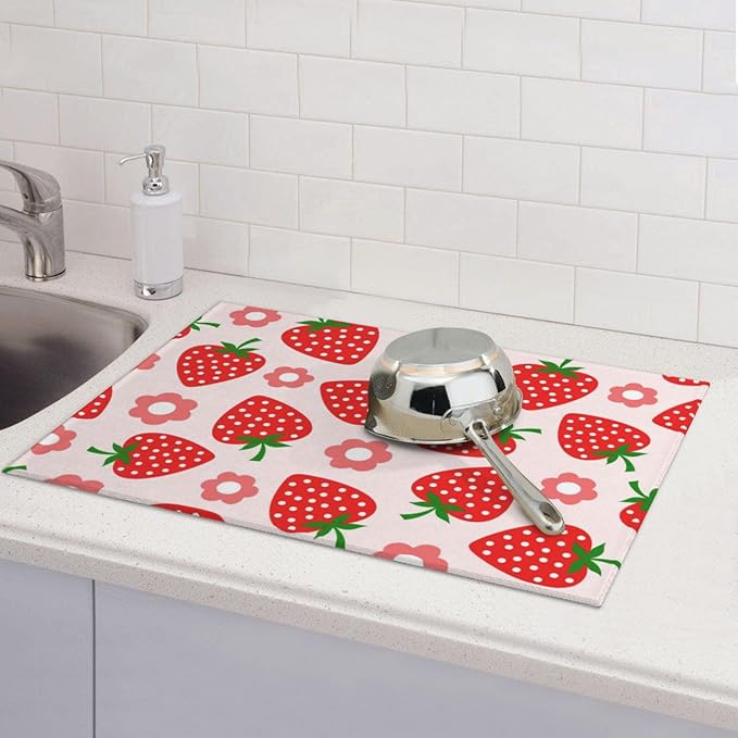 Pink Strawberry Dish Drying Mat 18x24 For Kitchen Counter Absorbent Microfiber Dishes Pad Dish Drainer Rack Mats Fast Dry Kitchen Accessories